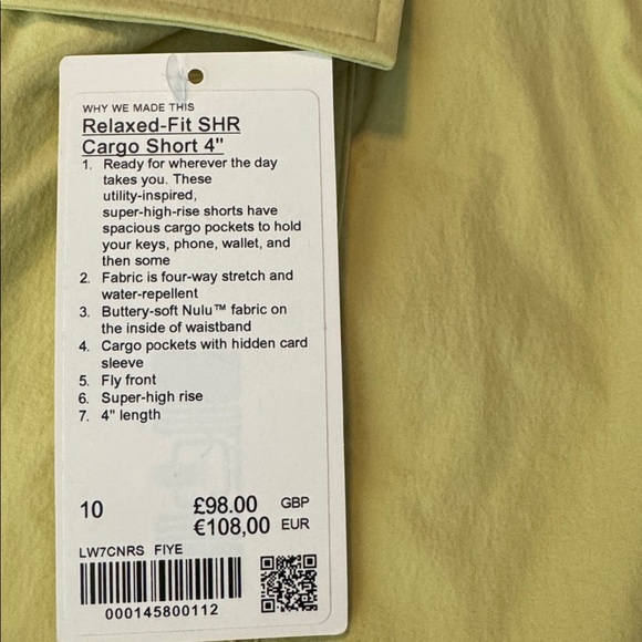 lululemon Women’s Relaxed Fit Super High Rise Yellow Cargo Short 4” size 10 NWT - Picture 4 of 9